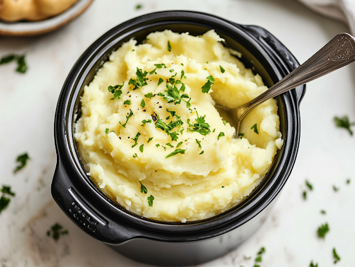 A close-up shot of the black slow cooker on the white marble cooktop, with a serving spoon resting inside. The mashed potatoes are warm, fluffy, and perfectly smooth, ready to be served and enjoyed.