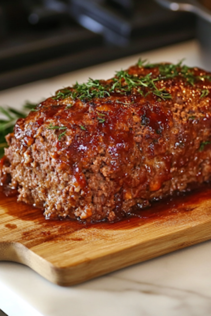 A close-up of a wooden cutting board on a white marble cooktop, as a freshly cooked meatloaf rests after being carefully lifted from the slow cooker. A sharp knife slices into the juicy, tender meatloaf, revealing a moist interior, with the rich glaze dripping down the sides, ready to be served.