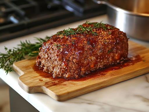A close-up of a wooden cutting board on a white marble cooktop, as a freshly cooked meatloaf rests after being carefully lifted from the slow cooker. A sharp knife slices into the juicy, tender meatloaf, revealing a moist interior, with the rich glaze dripping down the sides, ready to be served.