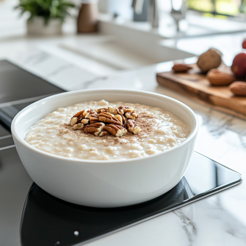 A white ceramic bowl on the white marble cooktop, filled with warm, creamy oatmeal. A sprinkle of brown sugar melts on top, with fresh fruit, nuts, and cinnamon as optional toppings.
