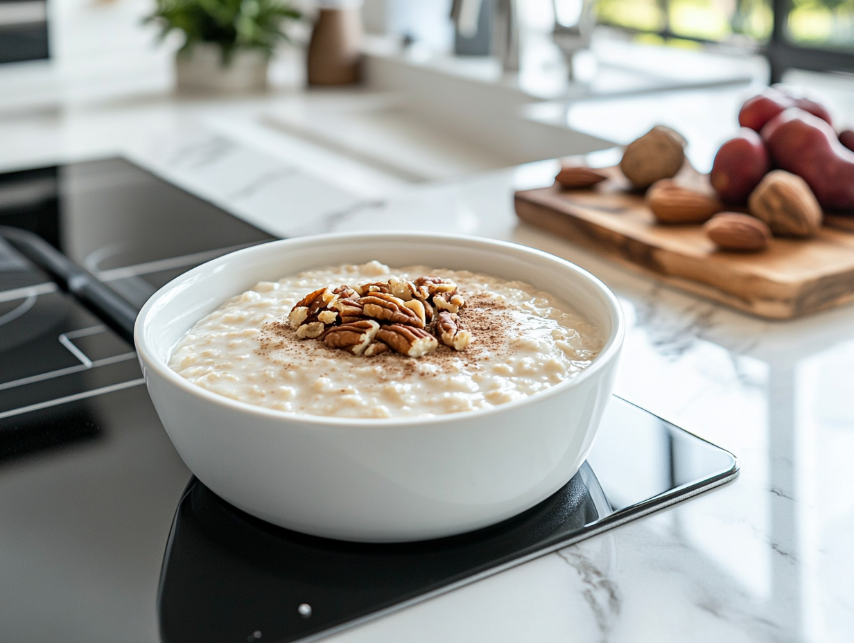 A white ceramic bowl on the white marble cooktop, filled with warm, creamy oatmeal. A sprinkle of brown sugar melts on top, with fresh fruit, nuts, and cinnamon as optional toppings.