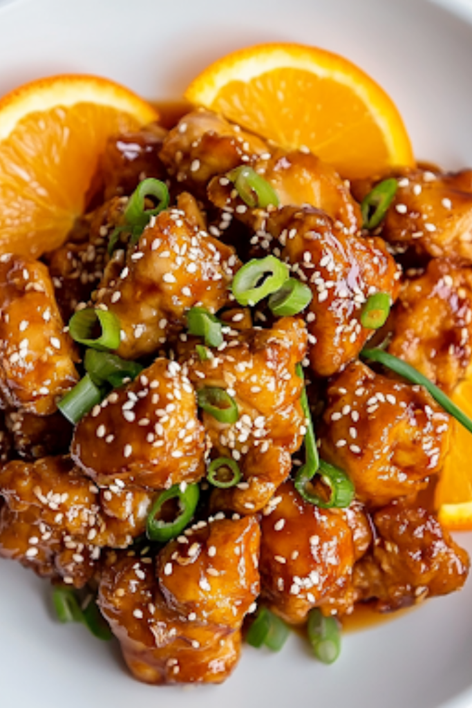 A white plate on a white marble cooktop with a serving of orange chicken, garnished with sesame seeds, thinly sliced green onions, and fresh orange slices. A side of Keto Cabbage Rice sits in the background, complementing the dish with a healthy, flavorful balance.