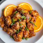 A white plate on a white marble cooktop with a serving of orange chicken, garnished with sesame seeds, thinly sliced green onions, and fresh orange slices. A side of Keto Cabbage Rice sits in the background, complementing the dish with a healthy, flavorful balance.