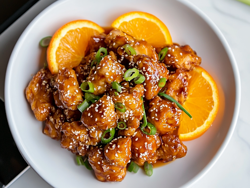 A white plate on a white marble cooktop with a serving of orange chicken, garnished with sesame seeds, thinly sliced green onions, and fresh orange slices. A side of Keto Cabbage Rice sits in the background, complementing the dish with a healthy, flavorful balance.