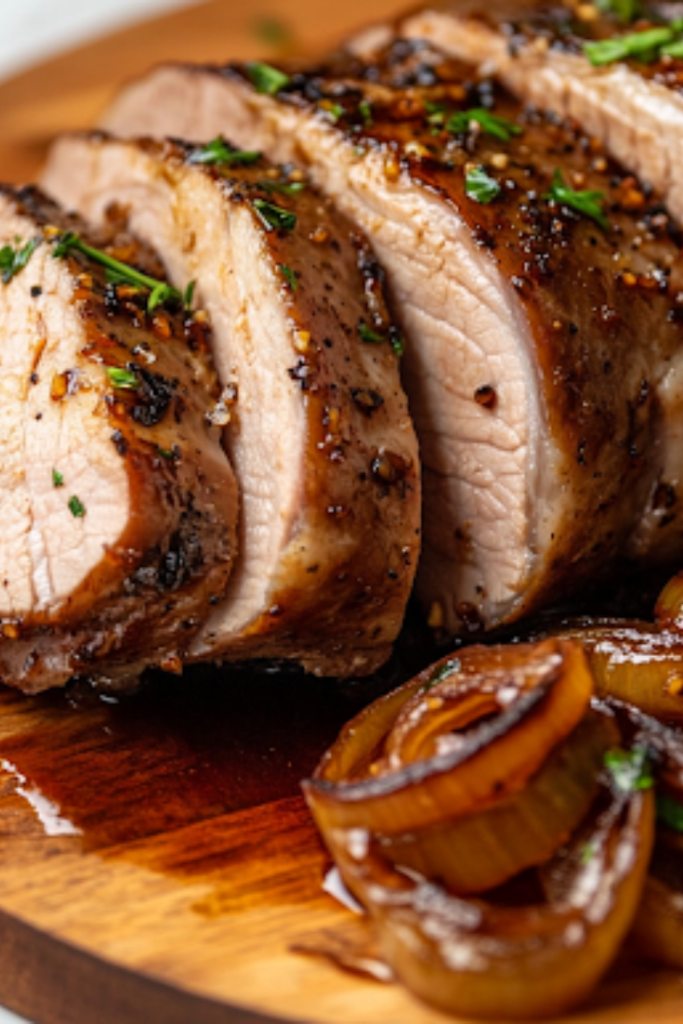 A close-up of a wooden serving platter on a white marble cooktop, as the tender pork loin is sliced into thick, juicy portions. A warm balsamic honey glaze is drizzled over the meat, while caramelized onions rest beside it, ready to be served.