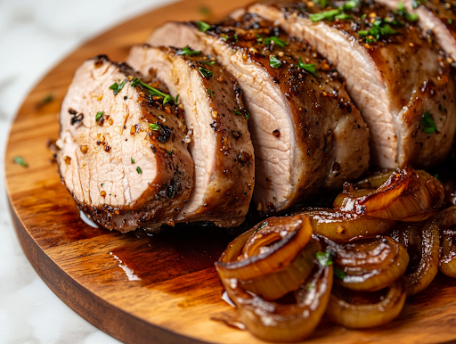 A close-up of a wooden serving platter on a white marble cooktop, as the tender pork loin is sliced into thick, juicy portions. A warm balsamic honey glaze is drizzled over the meat, while caramelized onions rest beside it, ready to be served.