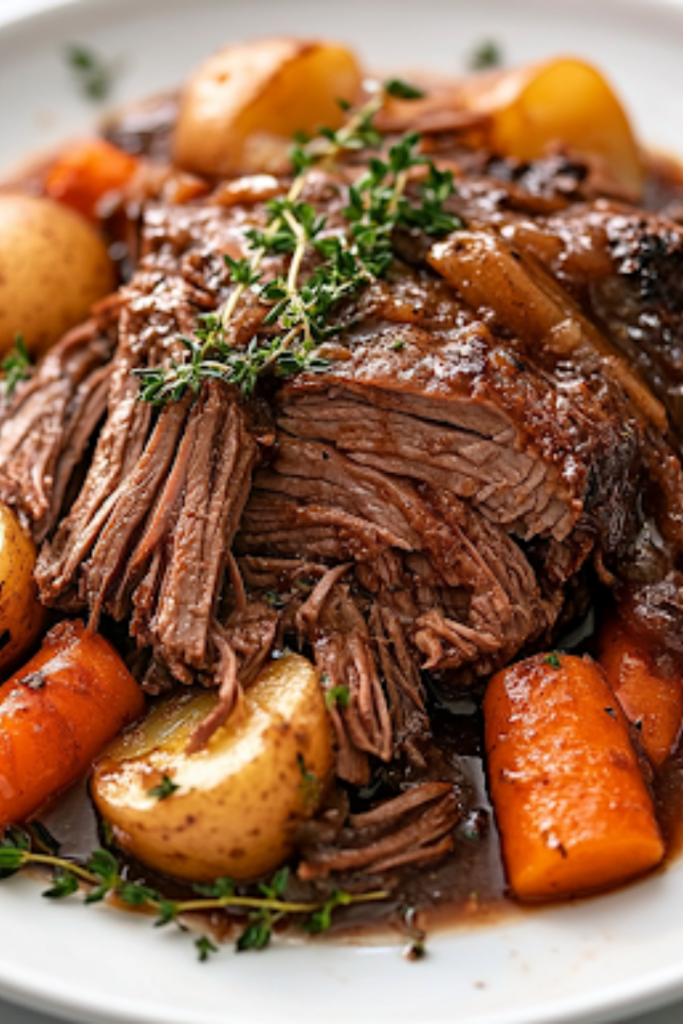 A close-up of a serving plate featuring a portion of tender, slow-cooked pot roast surrounded by perfectly cooked carrots, potatoes, and onions. The dish is drizzled with its rich, slow-cooked gravy and garnished with fresh herbs, beautifully presented over the white marble cooktop.