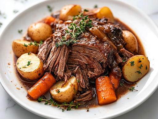 A close-up of a serving plate featuring a portion of tender, slow-cooked pot roast surrounded by perfectly cooked carrots, potatoes, and onions. The dish is drizzled with its rich, slow-cooked gravy and garnished with fresh herbs, beautifully presented over the white marble cooktop.