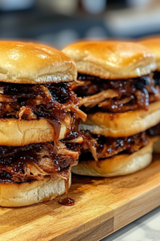 A close-up of a wooden serving board on a white marble cooktop, stacked with BBQ pulled pork sandwiches on toasted buns. The juicy, saucy pork spills over, paired with a fresh side of coleslaw, making for a mouthwatering, ready-to-serve meal.