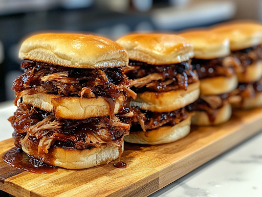 A close-up of a wooden serving board on a white marble cooktop, stacked with BBQ pulled pork sandwiches on toasted buns. The juicy, saucy pork spills over, paired with a fresh side of coleslaw, making for a mouthwatering, ready-to-serve meal.