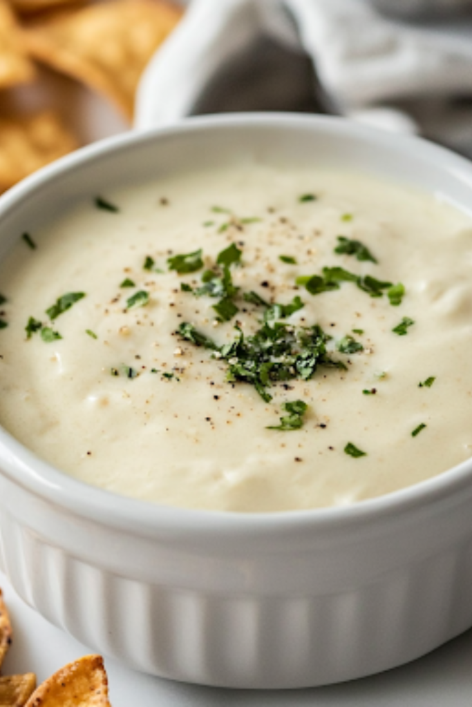 A close-up shot of a serving bowl filled with warm, creamy queso dip, placed on a white marble countertop. The queso is surrounded by crispy tortilla chips and fresh veggie dippers, making it the perfect appetizer, ready to be enjoyed.