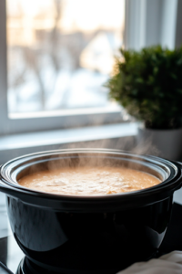 A close-up shot of a black slow cooker on the white marble cooktop, covered with a glass lid as the queso ingredients begin to warm. Condensation forms inside the lid, showing the gradual melting process of the creamy cheese mixture.