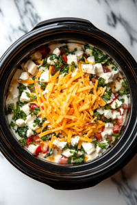 A close-up shot of a black slow cooker sitting on a white marble cooktop, filled with cubed cream cheese, vibrant green salsa verde, and shredded Monterey Jack cheese. The ingredients create a colorful contrast, ready to melt into a creamy queso dip.