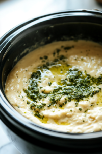 A close-up shot of a black slow cooker on the white marble cooktop, as extra salsa verde or seasoning is stirred in to enhance the flavor. The burst of green color swirls into the creamy queso, adding a vibrant touch to the rich and cheesy dip.