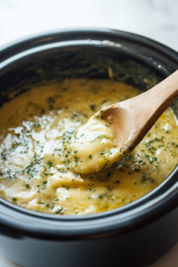 A close-up shot of a black slow cooker on the white marble cooktop, as a wooden spoon stirs the melting cream cheese, salsa verde, and Monterey Jack cheese together. The ingredients blend into a thick, creamy mixture, with the spoon gently mixing them for a smooth texture.