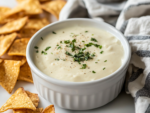 A close-up shot of a serving bowl filled with warm, creamy queso dip, placed on a white marble countertop. The queso is surrounded by crispy tortilla chips and fresh veggie dippers, making it the perfect appetizer, ready to be enjoyed.