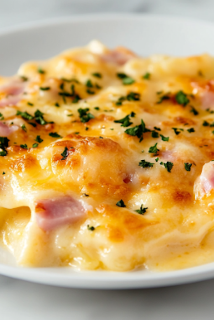 A close-up shot of a spoonful of creamy, cheesy scalloped potatoes with ham being lifted from the black slow cooker on the white marble cooktop. The melted cheese stretches slightly, highlighting the rich, comforting texture of this homemade dish.
