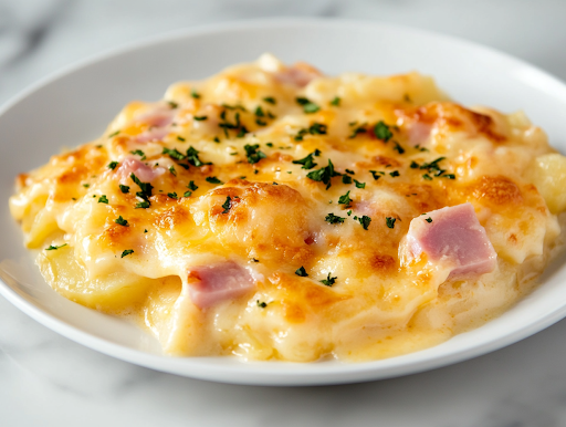 A close-up shot of a spoonful of creamy, cheesy scalloped potatoes with ham being lifted from the black slow cooker on the white marble cooktop. The melted cheese stretches slightly, highlighting the rich, comforting texture of this homemade dish.