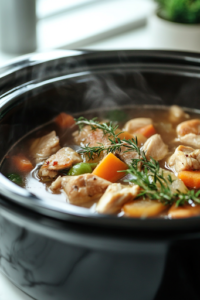 A close-up shot of a black slow cooker on the white marble cooktop, filled with chopped carrots, onions, celery, whole chicken breasts, and a blend of seasonings. Water is being poured in, submerging the ingredients to create a rich and aromatic broth.