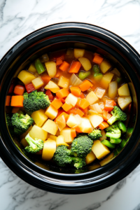 A close-up shot of a black skillet placed on a white marble cooktop, where melted salted butter sizzles as freshly chopped onions, green bell peppers, and celery are sautéed until soft and fragrant. A wooden spoon is seen stirring the mixture, releasing a rich aroma.