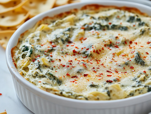 A serving dish filled with creamy spinach artichoke dip, garnished with extra Parmesan and red pepper flakes. The dish is surrounded by crispy toasted baguette slices and fresh veggie sticks, beautifully arranged on the white marble countertop, making it a perfect appetizer for sharing.
