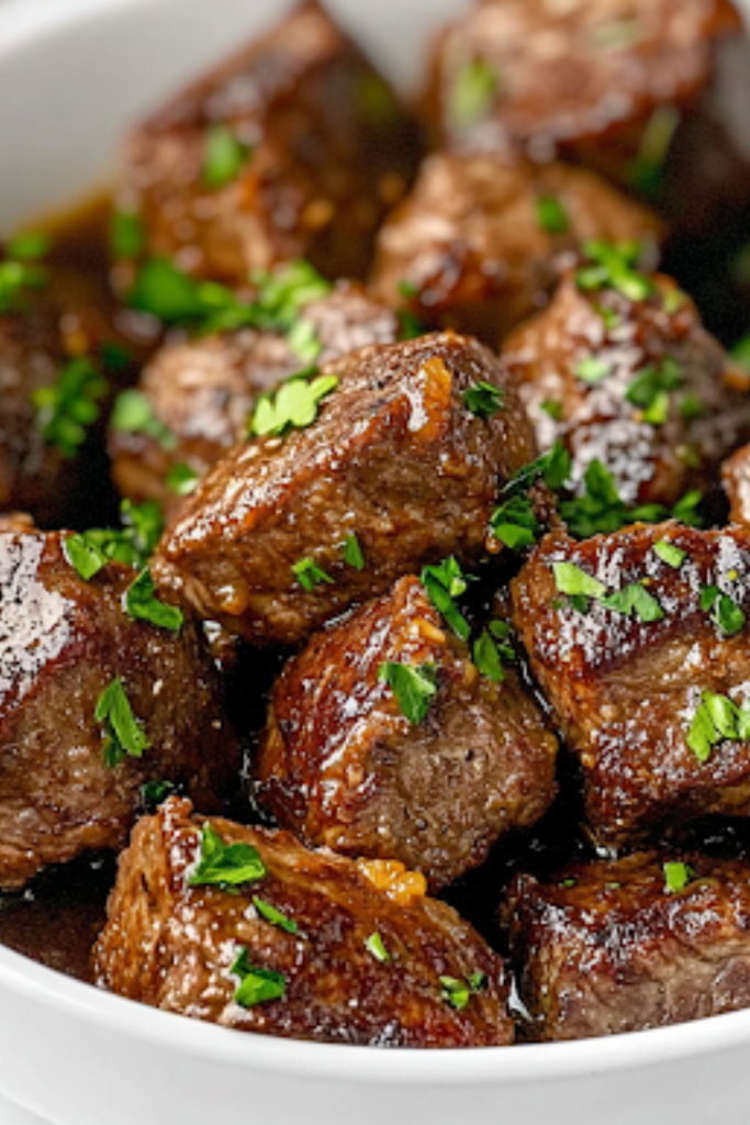 A close-up of a rustic serving dish on a white marble cooktop, filled with juicy steak bites coated in a savory, glossy gravy. A final sprinkle of freshly chopped parsley adds a vibrant touch, enhancing the dish before serving.