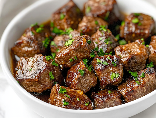 A close-up of a rustic serving dish on a white marble cooktop, filled with juicy steak bites coated in a savory, glossy gravy. A final sprinkle of freshly chopped parsley adds a vibrant touch, enhancing the dish before serving.