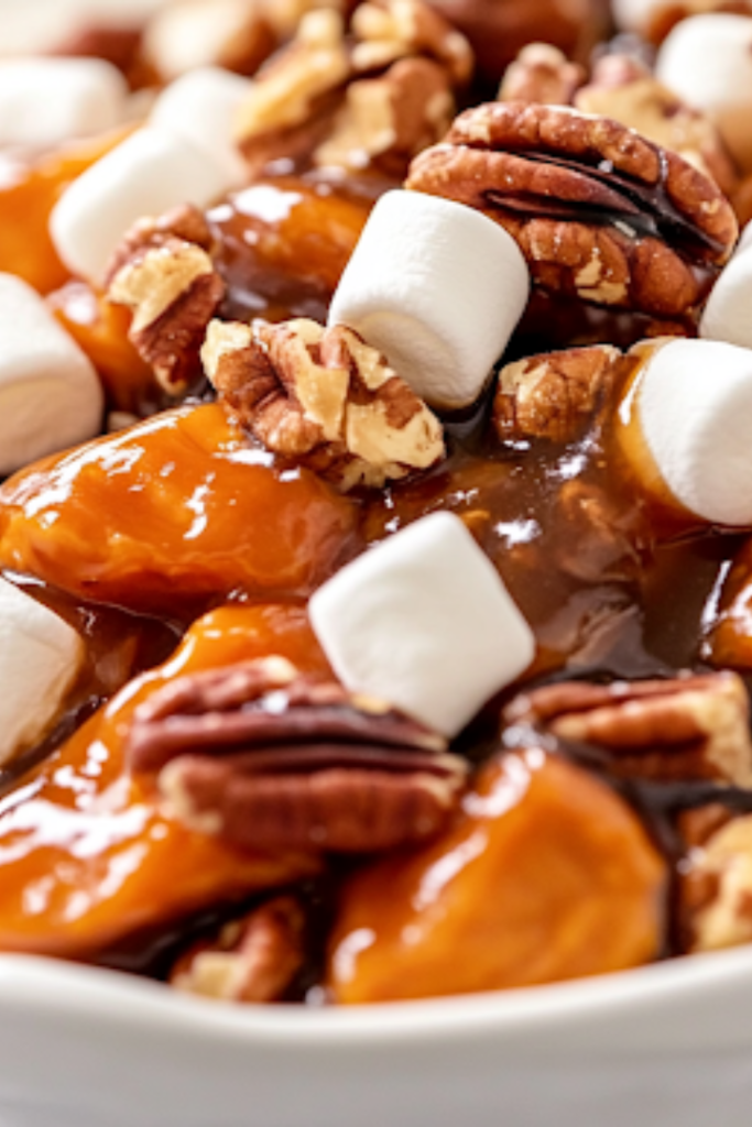 A close-up shot of a serving bowl filled with warm, caramelized slow cooker candied sweet potatoes, topped with toasted marshmallows and pecans. The glossy, buttery glaze coats each piece, while the soft lighting enhances the rich golden hues of the dish.