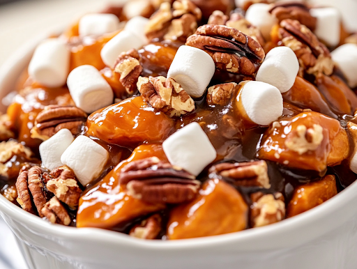 A close-up shot of a serving bowl filled with warm, caramelized slow cooker candied sweet potatoes, topped with toasted marshmallows and pecans. The glossy, buttery glaze coats each piece, while the soft lighting enhances the rich golden hues of the dish.