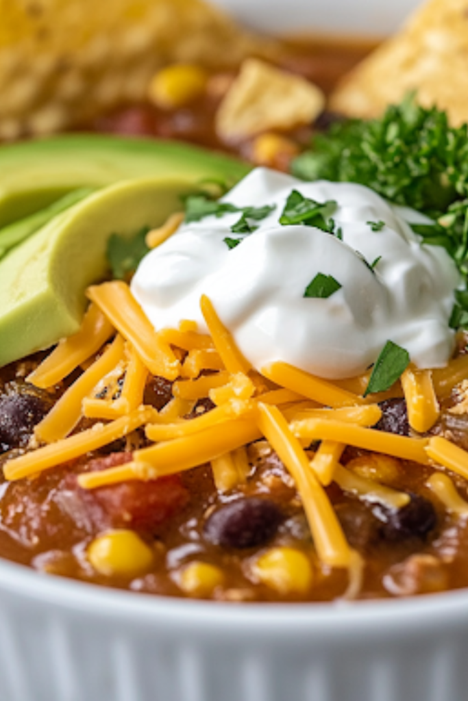 A close-up shot of a serving bowl filled with steaming hot slow cooker taco soup. The soup is garnished with shredded cheese, a dollop of sour cream, sliced avocado, and crispy tortilla chips. The vibrant toppings contrast beautifully with the rich, hearty soup, which is served alongside a side of Cottage Cheese Flatbread or a Steak Cobb Salad for a satisfying meal.