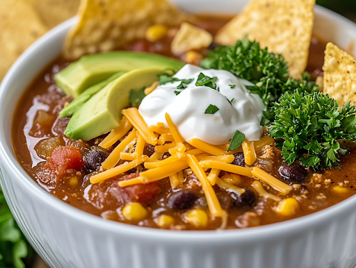 A close-up shot of a serving bowl filled with steaming hot slow cooker taco soup. The soup is garnished with shredded cheese, a dollop of sour cream, sliced avocado, and crispy tortilla chips. The vibrant toppings contrast beautifully with the rich, hearty soup, which is served alongside a side of Cottage Cheese Flatbread or a Steak Cobb Salad for a satisfying meal.