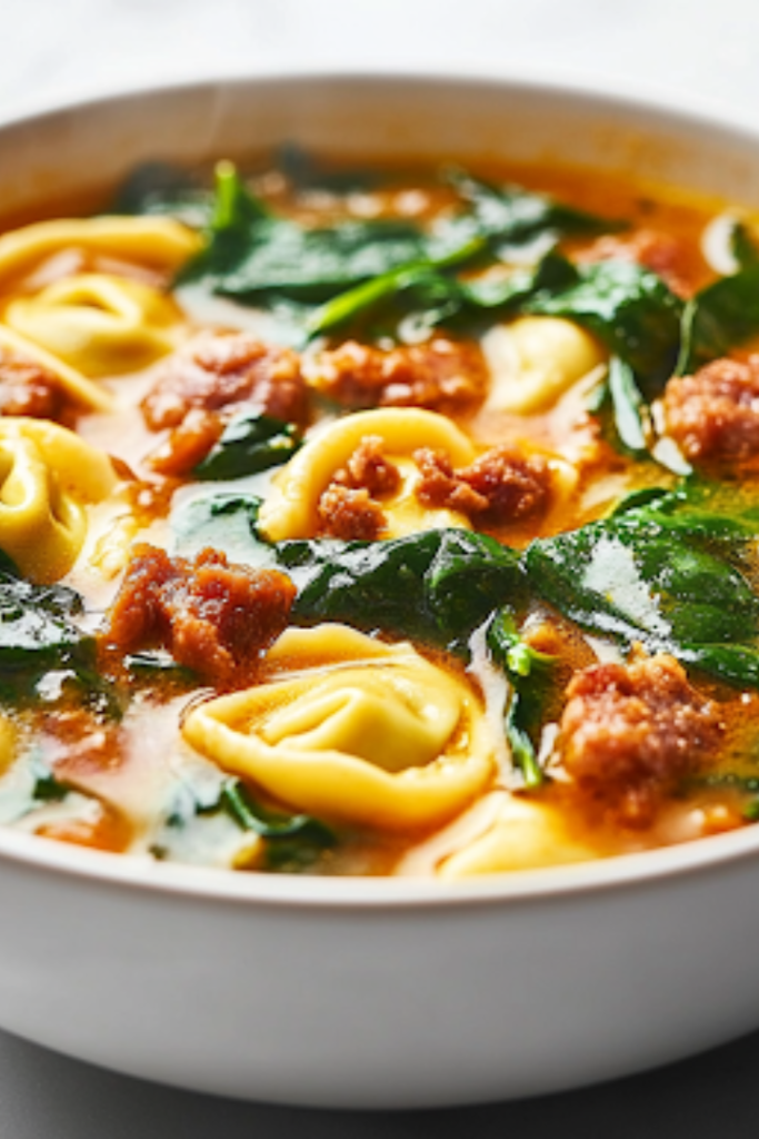 A close-up shot of a steaming bowl of creamy tortellini soup placed on a rustic wooden table. The soup is garnished with fresh spinach leaves, and a slice of crusty bread rests on the side, ready for dipping. The creamy broth contrasts beautifully with the vibrant greens and rich, browned sausage.