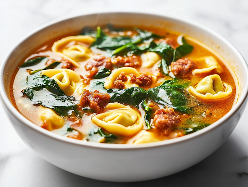 A close-up shot of a steaming bowl of creamy tortellini soup placed on a rustic wooden table. The soup is garnished with fresh spinach leaves, and a slice of crusty bread rests on the side, ready for dipping. The creamy broth contrasts beautifully with the vibrant greens and rich, browned sausage.