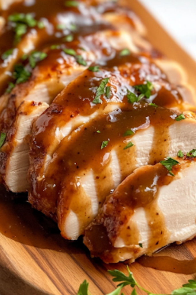 A close-up of a wooden serving board on a white marble cooktop, featuring thick, juicy slices of turkey breast drizzled with rich, homemade gravy. The golden-brown turkey is beautifully arranged, ready to be served and enjoyed.