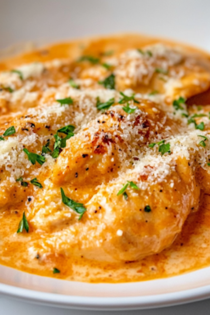 A white plate on a white marble cooktop, featuring a beautifully plated serving of creamy Tuscan chicken over pasta, garnished with freshly grated Parmesan. The silky sauce clings to the pasta, creating a mouthwatering and comforting dish.