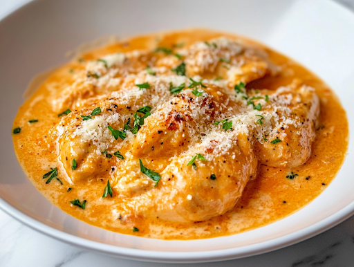 A white plate on a white marble cooktop, featuring a beautifully plated serving of creamy Tuscan chicken over pasta, garnished with freshly grated Parmesan. The silky sauce clings to the pasta, creating a mouthwatering and comforting dish.