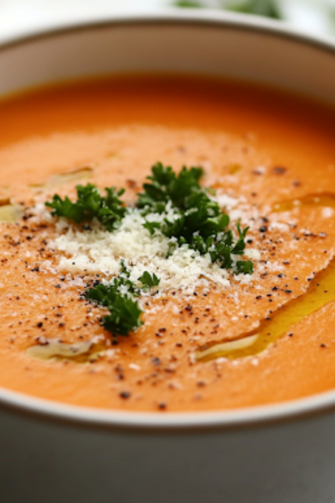 A close-up shot of a steaming bowl of hearty vegetable soup placed on a rustic wooden table. The soup is garnished with fresh parsley, a drizzle of olive oil, and a sprinkle of grated Parmesan cheese. A slice of crusty bread rests on the side, ready to be dipped into the flavorful broth.