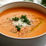 A close-up shot of a steaming bowl of hearty vegetable soup placed on a rustic wooden table. The soup is garnished with fresh parsley, a drizzle of olive oil, and a sprinkle of grated Parmesan cheese. A slice of crusty bread rests on the side, ready to be dipped into the flavorful broth.