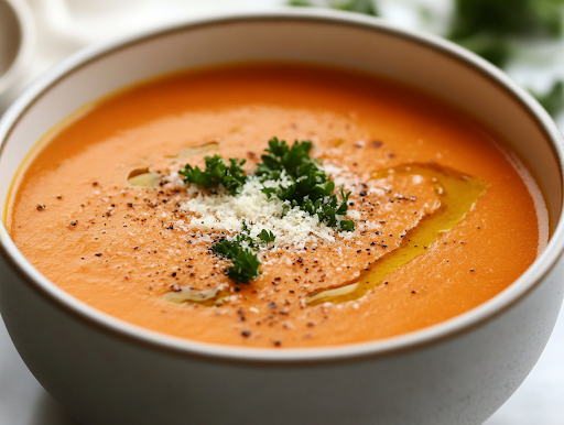 A close-up shot of a steaming bowl of hearty vegetable soup placed on a rustic wooden table. The soup is garnished with fresh parsley, a drizzle of olive oil, and a sprinkle of grated Parmesan cheese. A slice of crusty bread rests on the side, ready to be dipped into the flavorful broth.