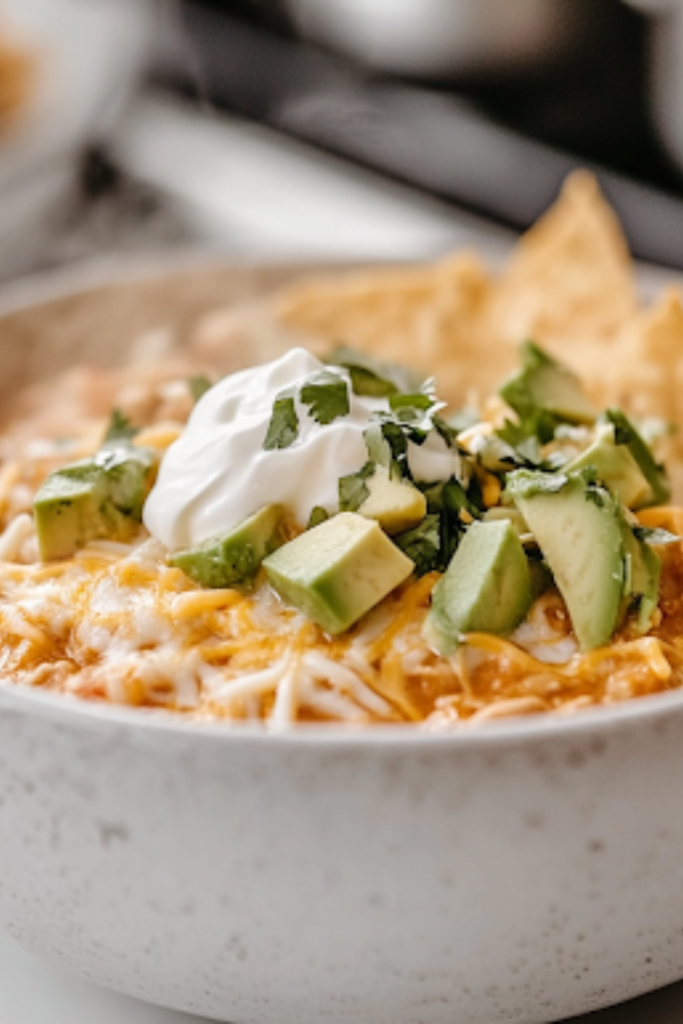 A white ceramic bowl on a white marble cooktop, filled with steaming hot white chicken chili. The dish is beautifully garnished with diced avocado, shredded cheese, a dollop of sour cream, and crushed tortilla chips, creating a comforting and delicious meal ready to be enjoyed.