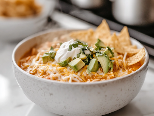 A white ceramic bowl on a white marble cooktop, filled with steaming hot white chicken chili. The dish is beautifully garnished with diced avocado, shredded cheese, a dollop of sour cream, and crushed tortilla chips, creating a comforting and delicious meal ready to be enjoyed.