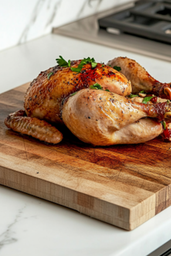 A close-up of a wooden cutting board on a white marble cooktop, with the slow-cooked whole chicken resting for 10 minutes before slicing. The golden-brown skin glistens with juices, ensuring a moist and flavorful meal.