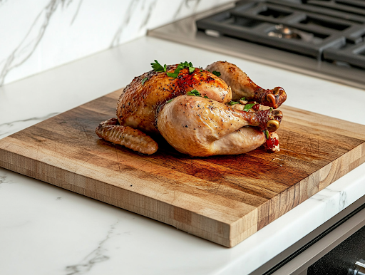 A close-up of a wooden cutting board on a white marble cooktop, with the slow-cooked whole chicken resting for 10 minutes before slicing. The golden-brown skin glistens with juices, ensuring a moist and flavorful meal.
