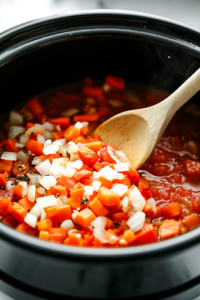 A close-up shot of a black slow cooker on the white marble cooktop, filled with sautéed onions and garlic, crushed tomatoes, chopped carrots, tomato paste, chicken stock, Italian seasoning, and salt. A wooden spoon rests inside, ready to mix the rich and aromatic ingredients.