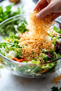 A close-up shot of a hand crushing a package of uncooked ramen noodles over the large glass mixing bowl on the white marble cooktop, adding a crunchy texture to the shredded cabbage and carrot mixture.