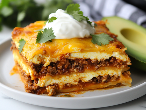 A close-up of a sliced portion of taco casserole on a plate, garnished with fresh cilantro, sour cream, and a slice of avocado. The layers of seasoned beef, creamy eggs, and melted cheese are visible, making each bite look hearty and delicious.