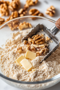 Cold butter pieces being cut into the flour mixture in a mixing bowl on a wooden countertop. A pastry cutter presses into the mixture, creating coarse crumbs. Chopped walnuts are sprinkled on top, ready to be mixed in