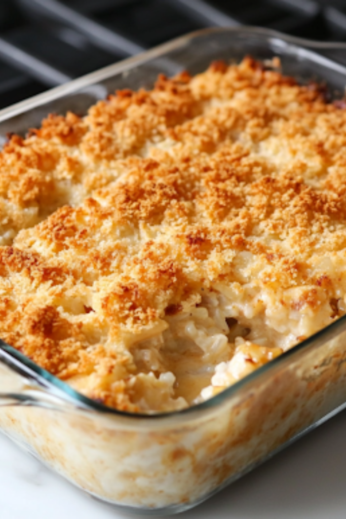 A fully baked Chicken and Rice Casserole, fresh out of the oven, sitting on the white marble cooktop. The golden-brown, crispy cracker topping glistens under the light, perfectly baked and ready to be served as a comforting meal.