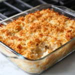 A fully baked Chicken and Rice Casserole, fresh out of the oven, sitting on the white marble cooktop. The golden-brown, crispy cracker topping glistens under the light, perfectly baked and ready to be served as a comforting meal.