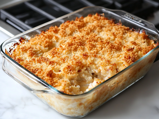 A fully baked Chicken and Rice Casserole, fresh out of the oven, sitting on the white marble cooktop. The golden-brown, crispy cracker topping glistens under the light, perfectly baked and ready to be served as a comforting meal.